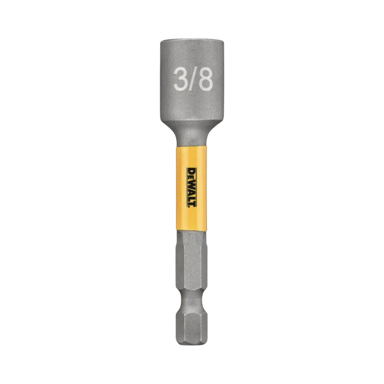 The Go Build, The Fastest Way To Build 3/8 in. MAX IMPACT Nut Driver has a hex shank and socket end, designed for power drills, and features a yellow and black label on the shaft, shown against a white background.